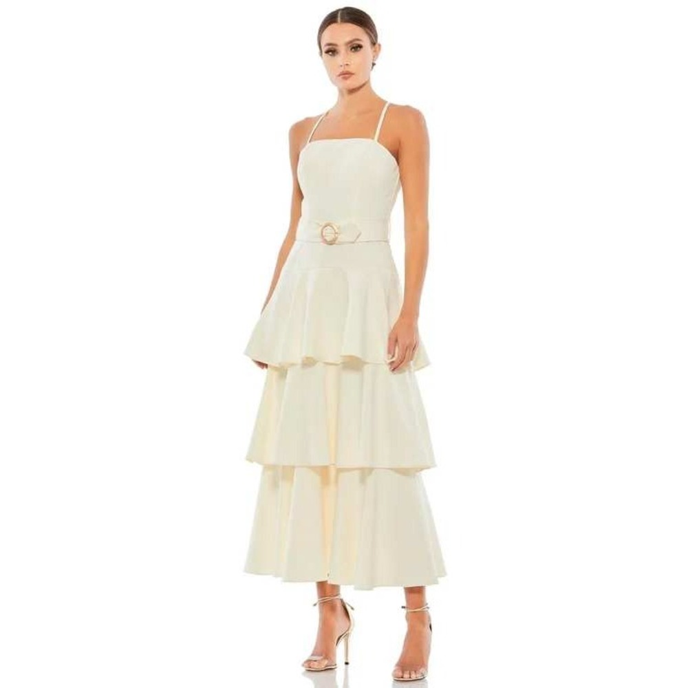 IEENA for Mac Duggal Tiered Midi Dress Womens Size 0 White Belted Formal 26629